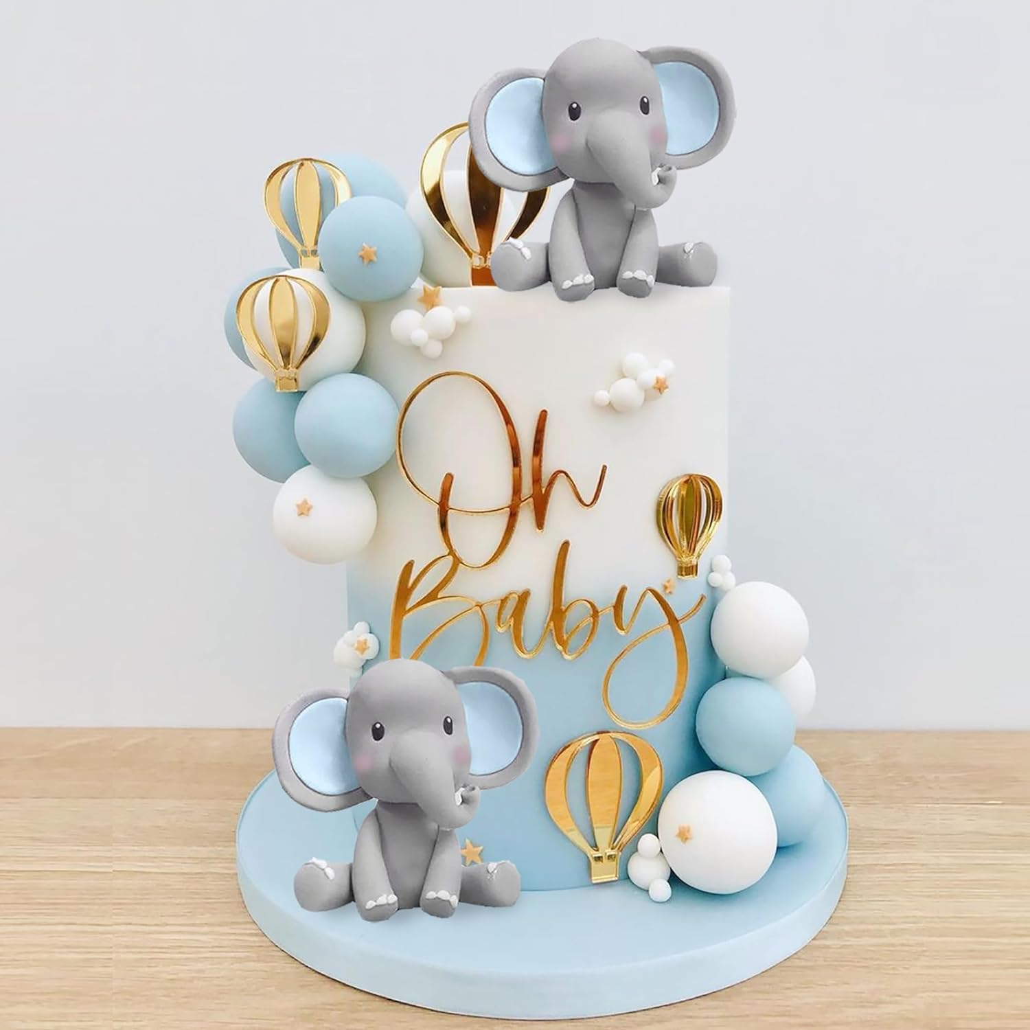 Baby Nursery Hot Air Balloon - Elefanten-Kuchendekoration, Baby-Kuchenaufsatz, blaue weiße Perlenkugeln, Heißluftballon