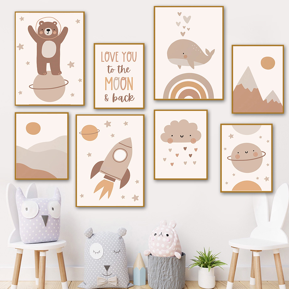 Baby Nursery Posters - Boho Bär Wal Rakete Planet Sonne