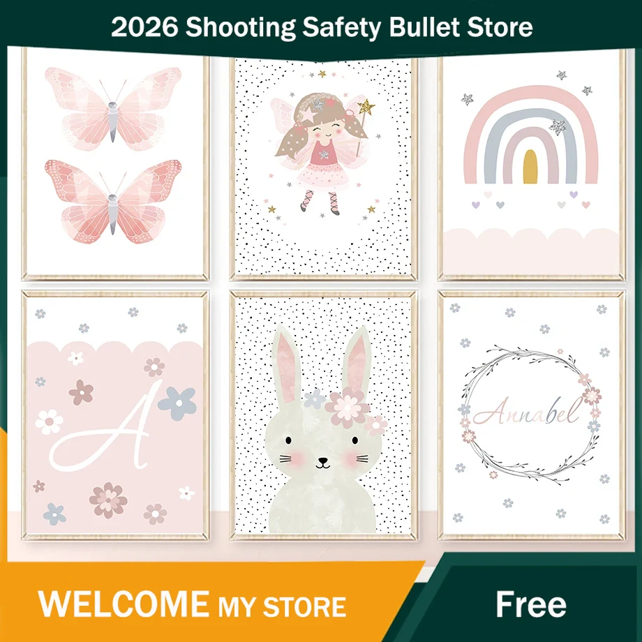 Baby Nursery Posters - Niedliche Mädchen-Wandkunst mit Kaninchen, Blumen, Schmetterlingen
