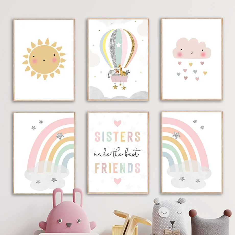 Baby Nursery Kids - Giraffe Elefant Heißluftballon Sonne Regenbogen Kinderzimmer