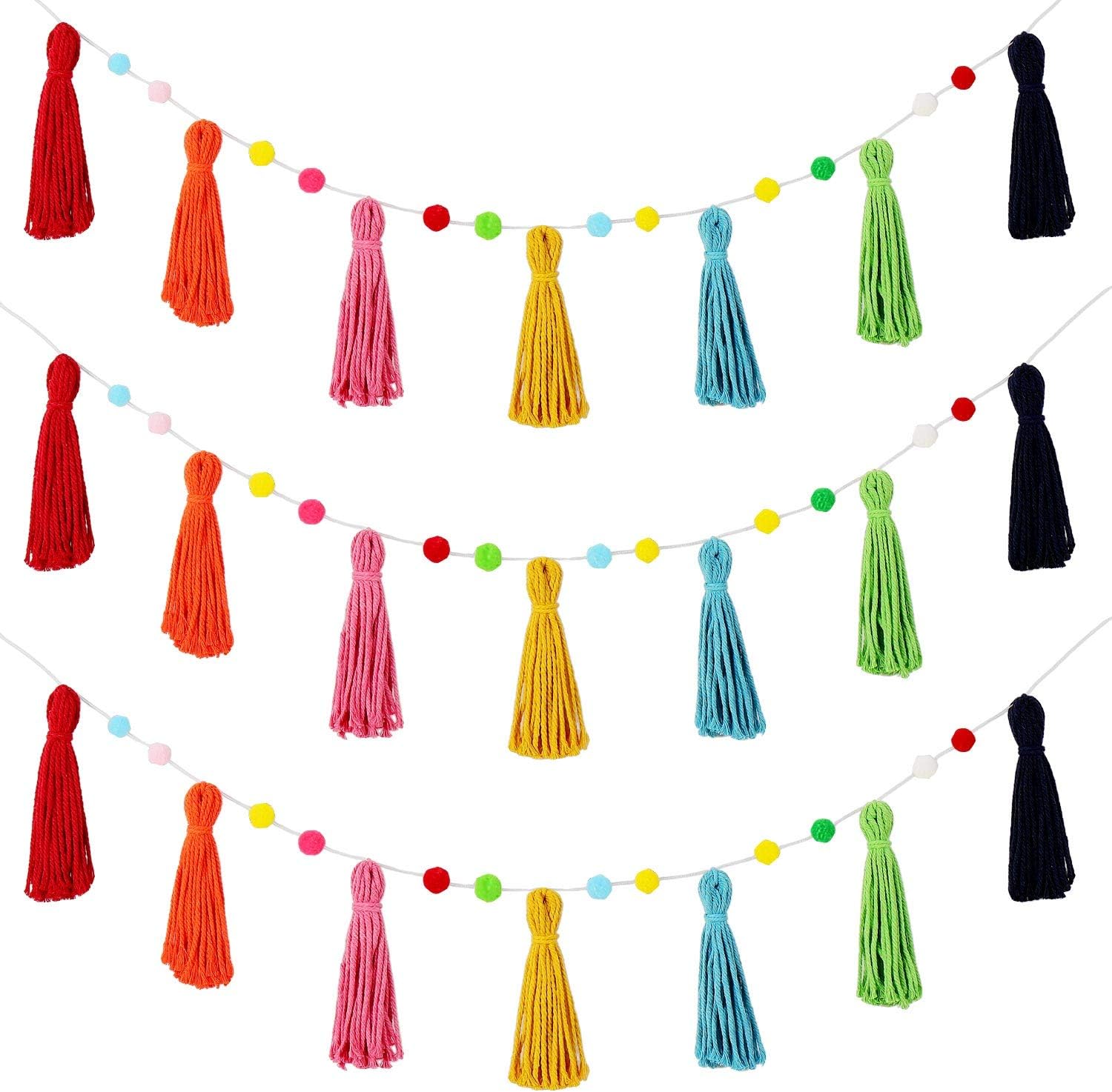 Baby Nursery Fabric - 3-teilige bunte Regenbogen-Boho-Quastengirlande, Bommel, Klassenzimmer-Girlande, Quaste,