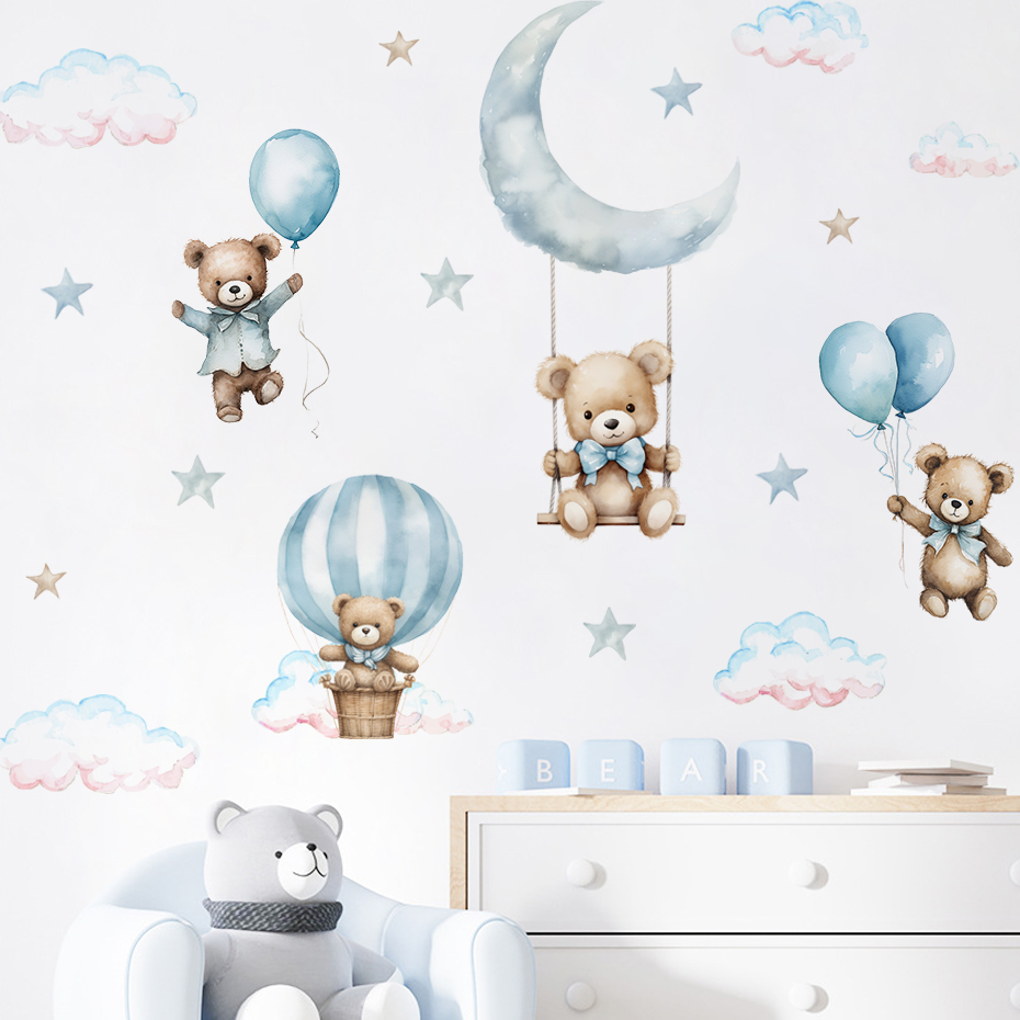 Baby Nursery Hot Air Balloon - Aquarell Bär Heißluftballon Wolke Wandaufkleber Blaue