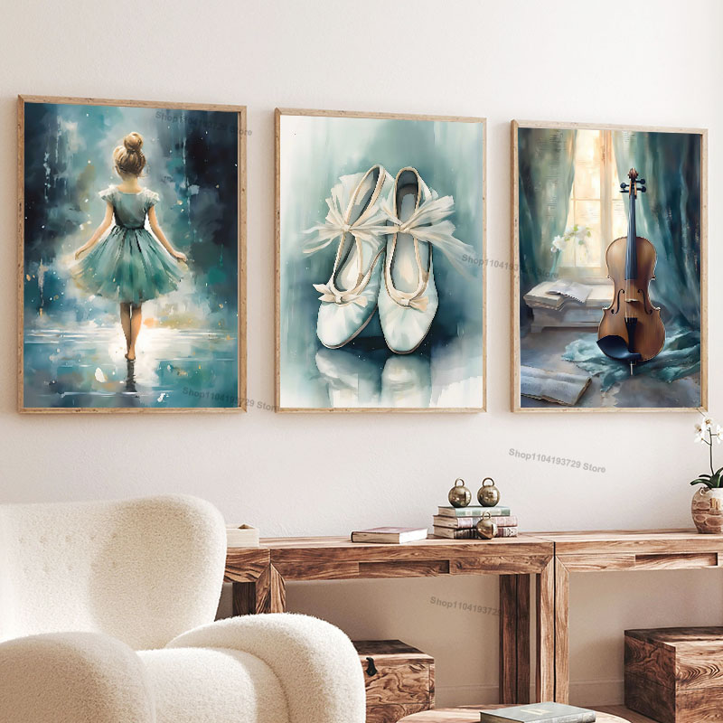 Baby Nursery Posters - Aquarell Ballett-Mädchen Schuhe Cello Kinderzimmer Wandkunst