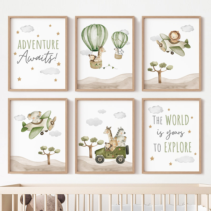 Baby Nursery Hot Air Balloon - Heißluftballon-Tiere Poster Leinwanddruck Elefant Löwe Giraffe