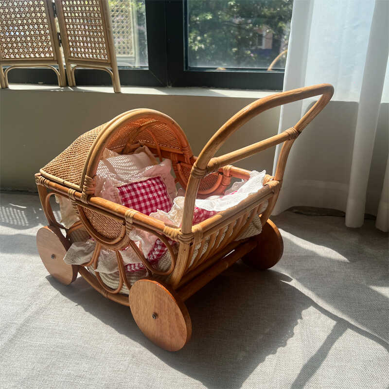 Baby Nursery Vintage Decor - Gewebter Rattan-Kinderwagen, Vintage-Spielhaus, Spielzeugkutsche, antiker Stil,