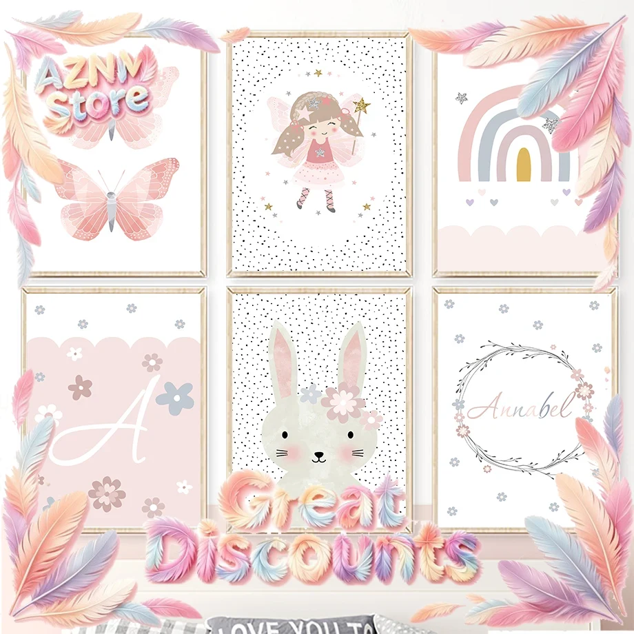 Baby Nursery Posters - Niedliches Mädchen, Hase, Blume, Schmetterling, Regenbogen,