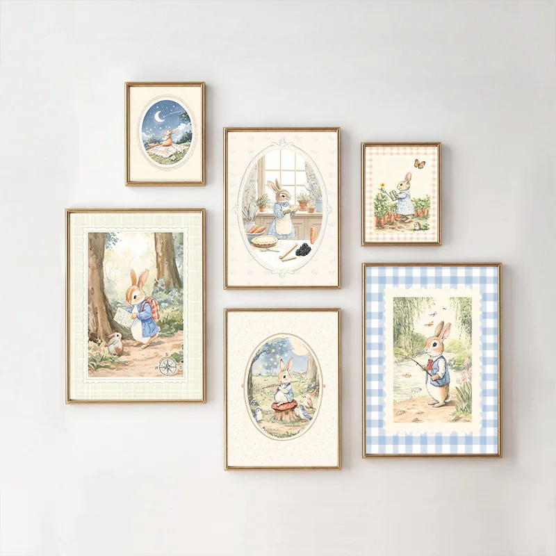 Baby Nursery Vintage Decor - Vintage Boho Blau Kariertes Hasen-Inspiriertes Kunstposter