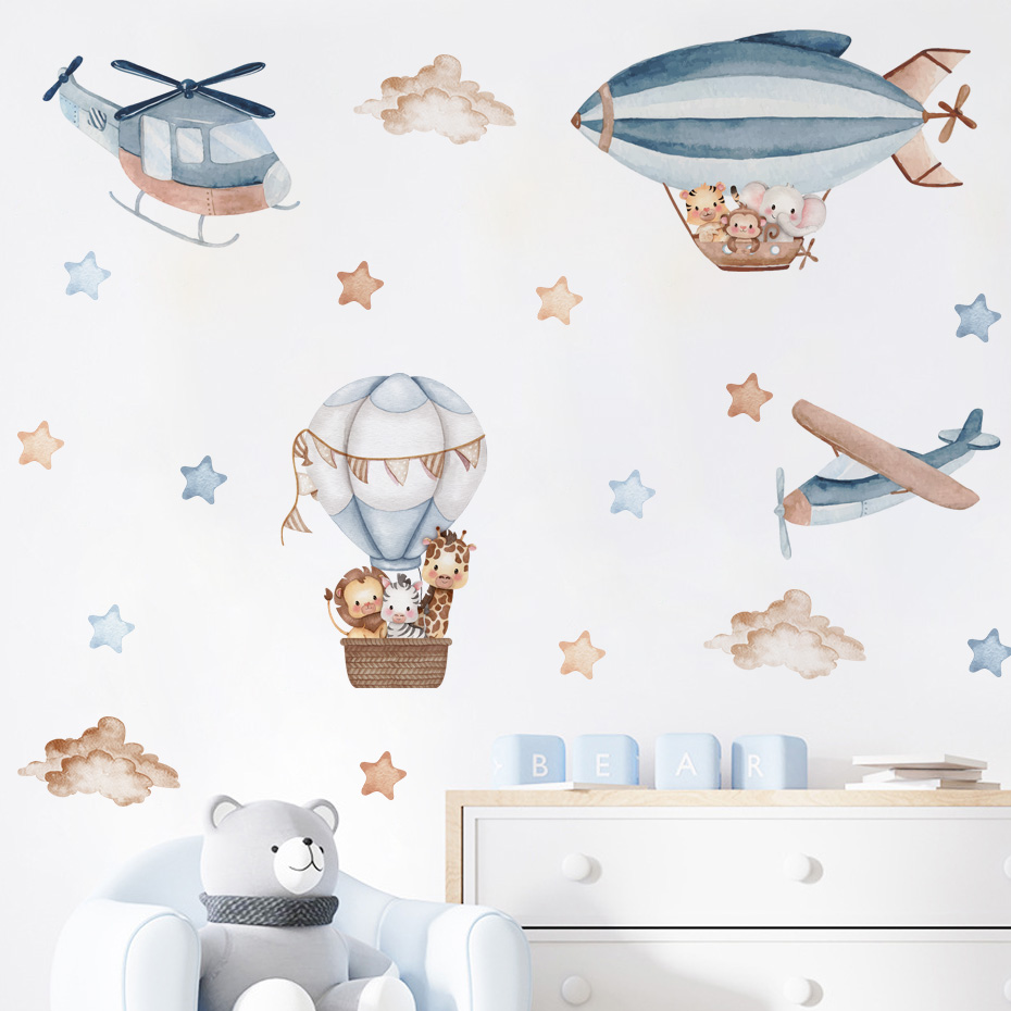 Baby Nursery Hot Air Balloon - Aquarell Tiere Heißluftballon Wolken Wandaufkleber für