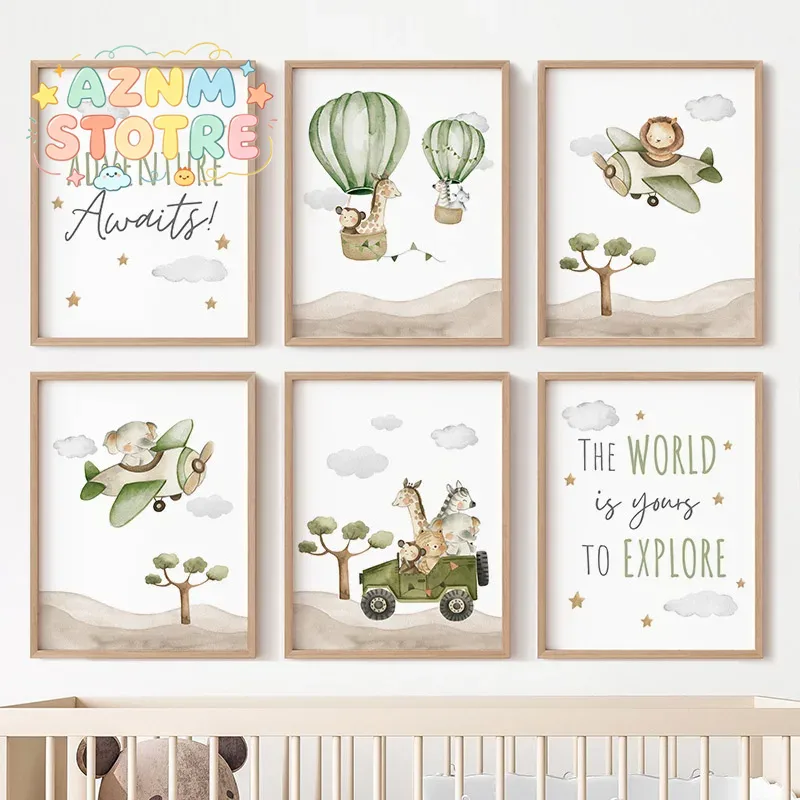 Baby Nursery Posters - Heißluftballon-Tierposter Leinwandgemälde Elefant Löwe Giraffe Affe