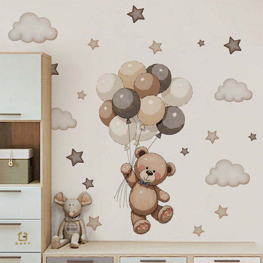 Baby Nursery Kids - Entzückende Teddybär-Wandaufkleber, abnehmbare Dekoration mit Luftballons,
