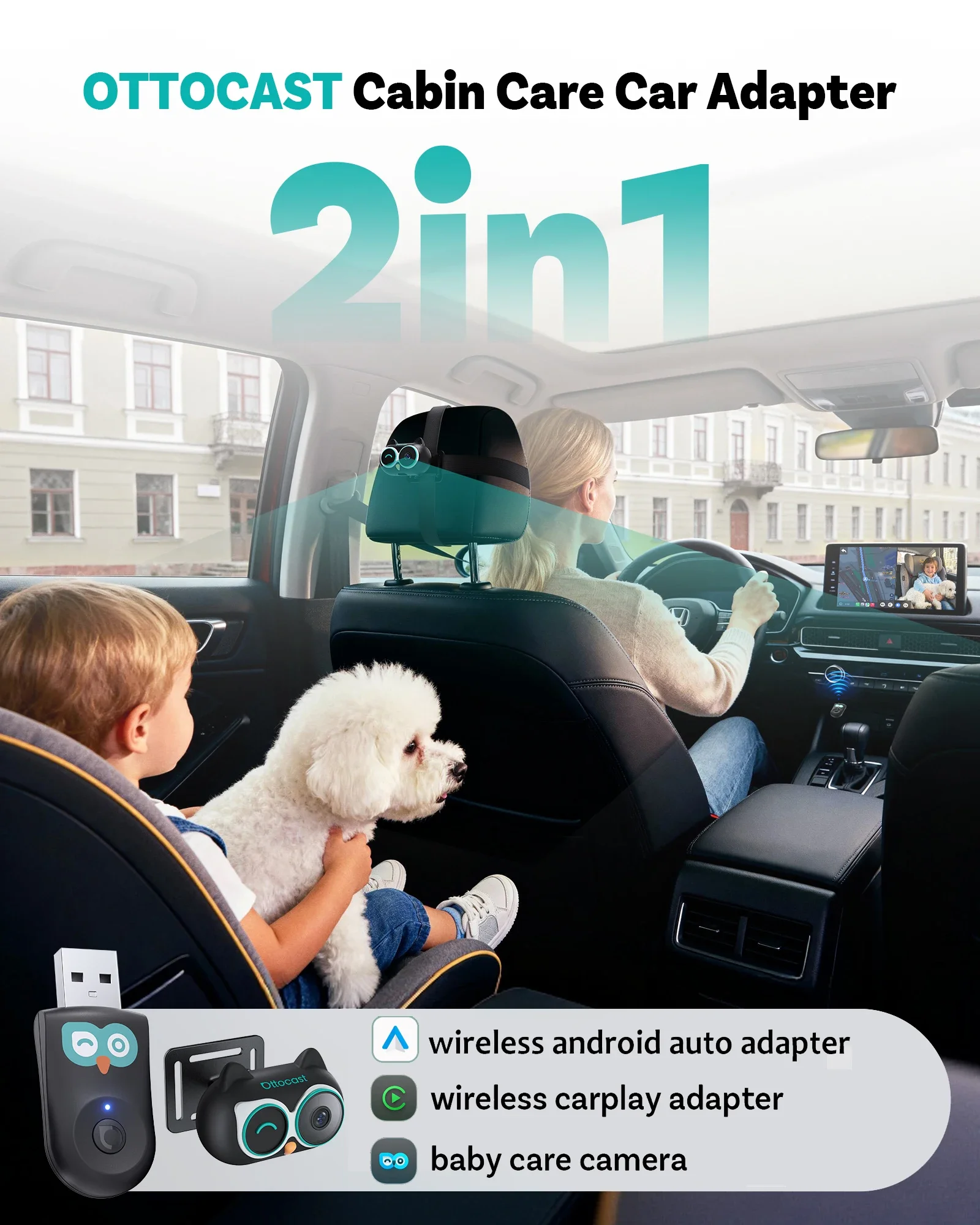 Baby Monitor Split Screen - OTTOCAST Cabin Care Kabelloser CarPlay-Adapter 1080P