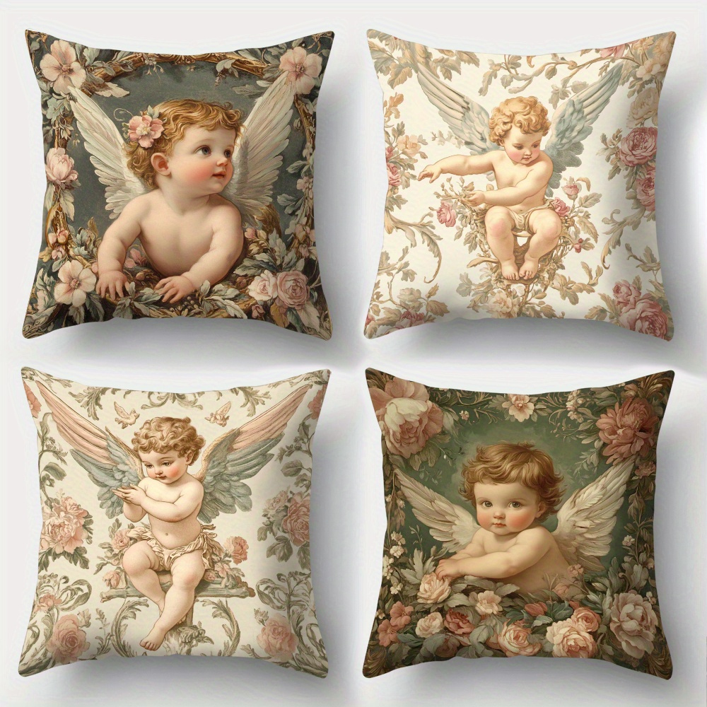 Baby Nursery Vintage Decor - Bedruckte Engel-Blumen Kissenbezüge Set aus 4