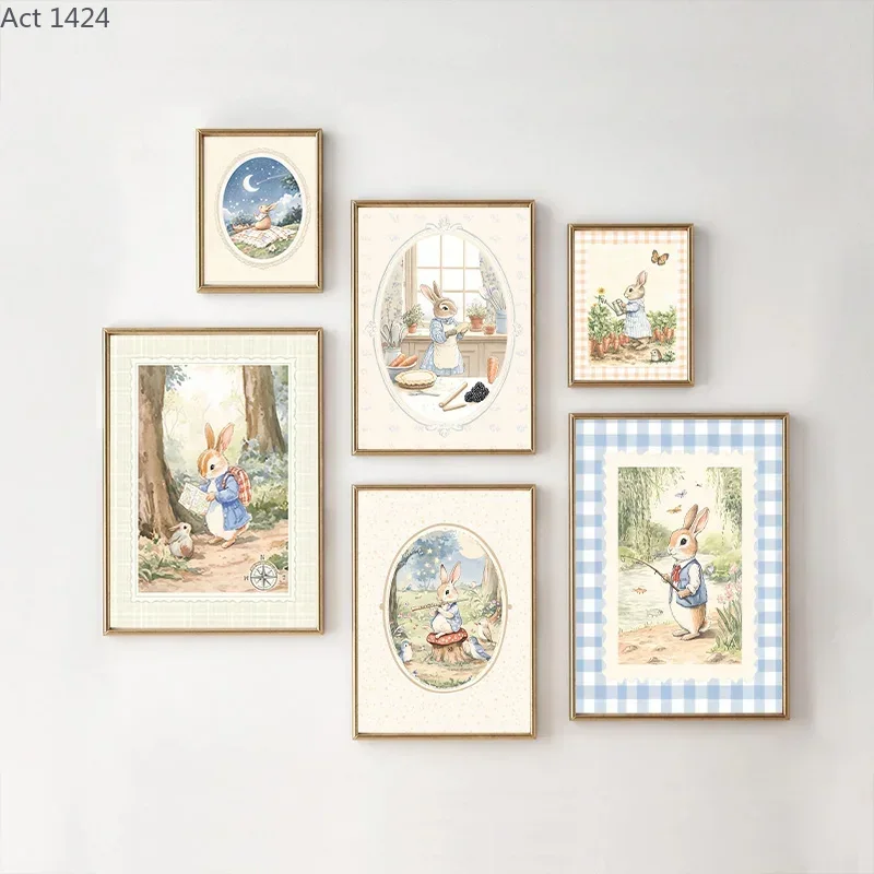 Baby Nursery Vintage Decor - Vintage Boho Blaues Karomuster Kaninchen-Inspiriertes Kunstposter