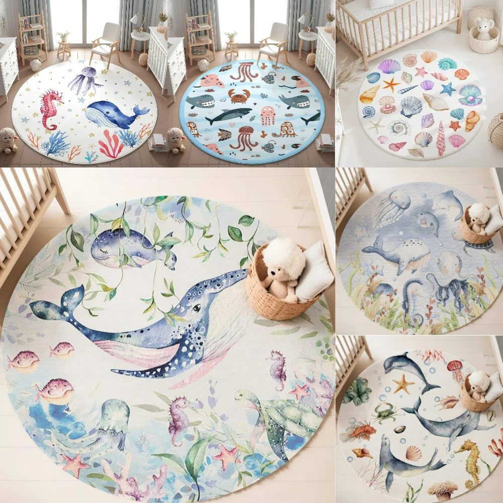 Baby Nursery Carpet - Blauer runder Teppich mit Meerestieren für