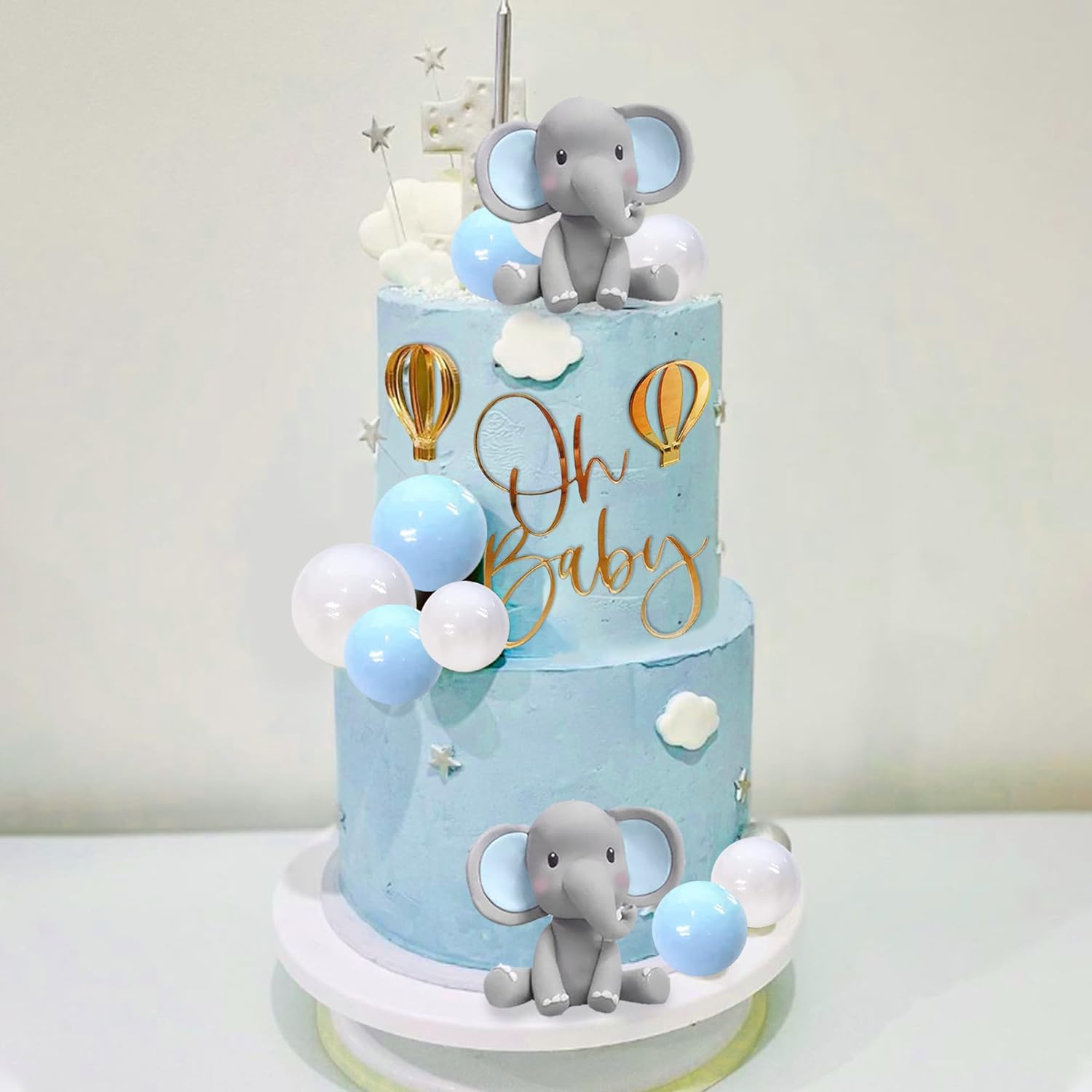 Baby Nursery Hot Air Balloon - Elefanten-Kuchendekoration mit Mini-Elefant Oh Baby-Kuchenaufsatz, blaue