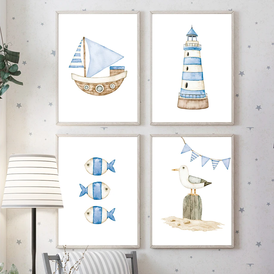 Segelboot, Leuchtturm, Fisch,  – Baby Nursery Posters Bewertung und Preis